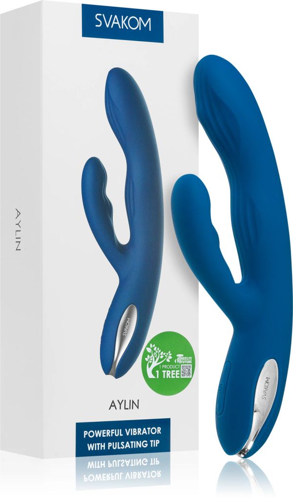 Svakom Aylin Powerful Pulsating Dual-Headed вибратор със стимулиране на клитора, Blue, 21.5 см