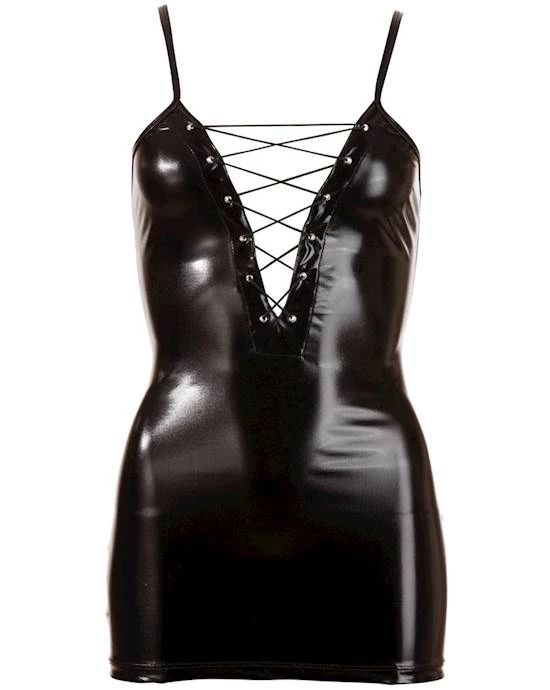 Cottelli Collection Black Wetlook Lace-Up Mini Dress – S/M 