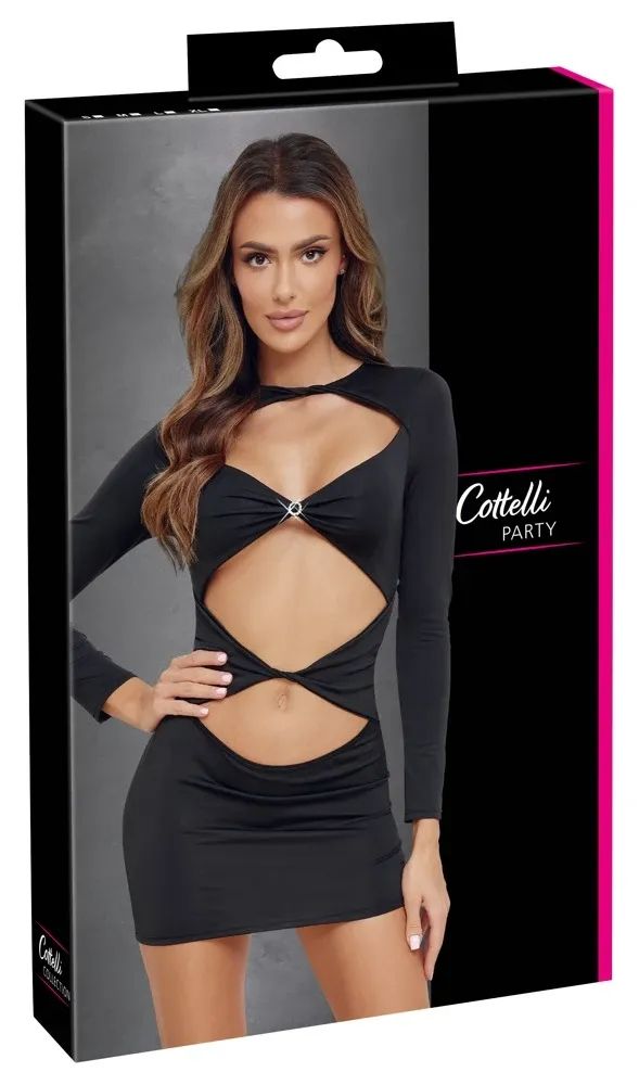 Cottelli PARTY Black Long-Sleeve Mini Dress with Cut-Outs & Rhinestone Ring S/M