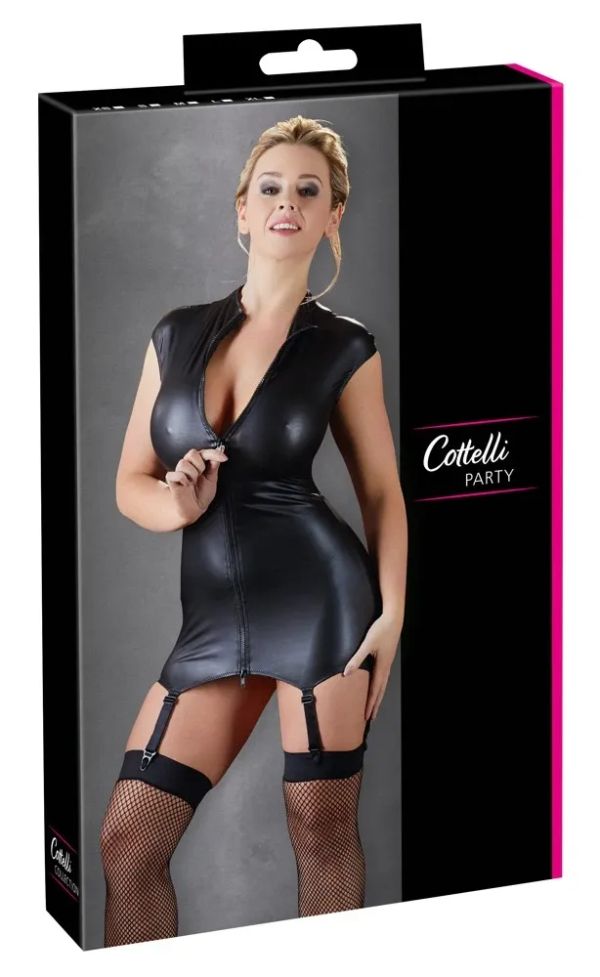 Cottelli PARTY Черна мини рокля с жартиери и двупосочен цип S/M