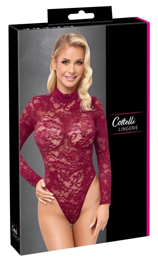 Cottelli LINGERIE Bordeaux Lace String Bodysuit with Long Sleeves & High Neck S/M