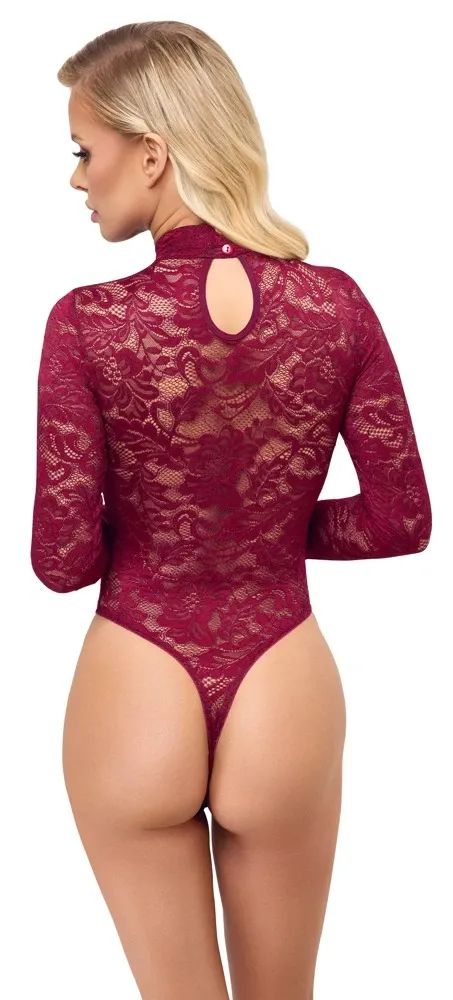 Cottelli LINGERIE Bordeaux Lace String Bodysuit with Long Sleeves & High Neck S/M