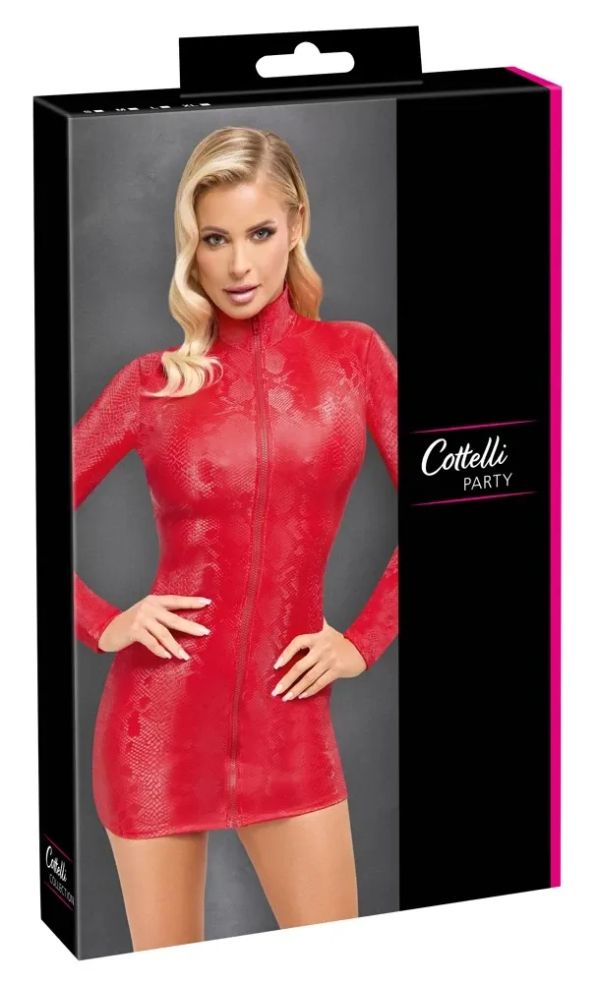 Cottelli PARTY Red Snakeskin Mini Dress with Front Zip S/M