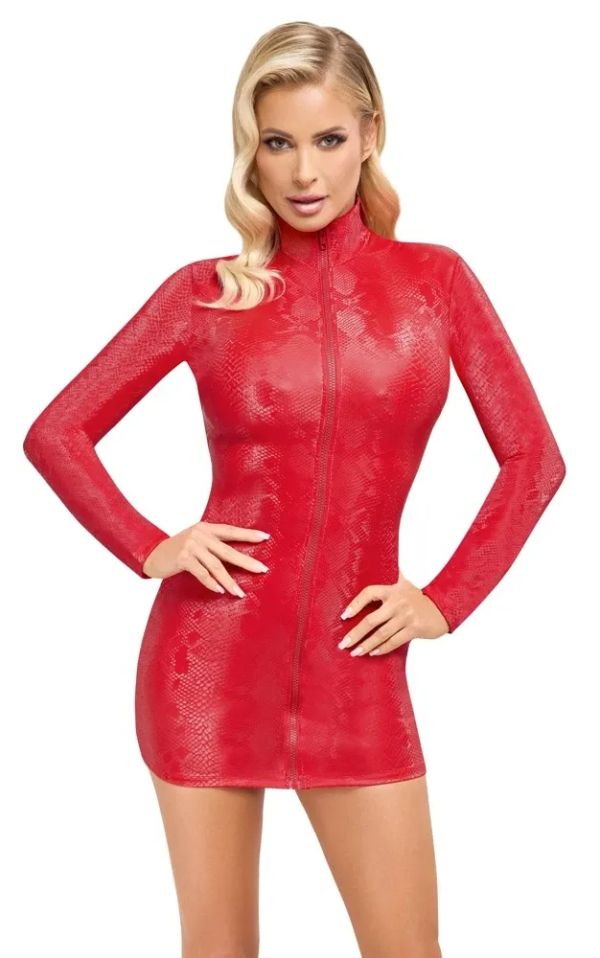Cottelli PARTY Red Snakeskin Mini Dress with Front Zip S/M