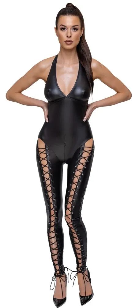 Cottelli PARTY Black Matte Catsuit with Lacing & Two-Way Zip S/M