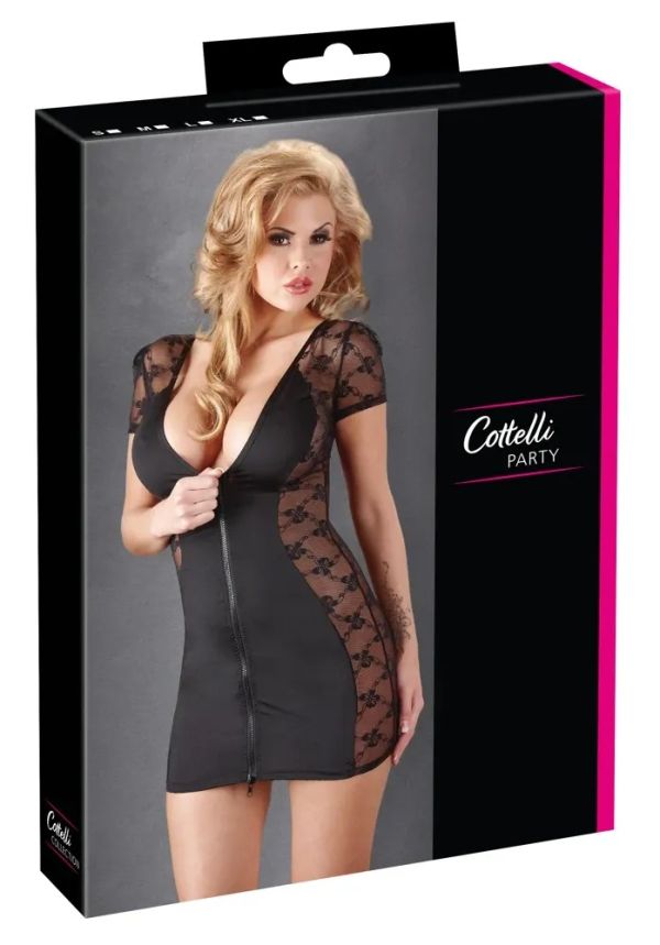 Cottelli PARTY Black Mini Dress with Lace Inserts & Two-Way Zip S/M