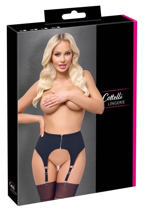 Cottelli LINGERIE Черен колан за жартиери с матов ефект и цип S/M