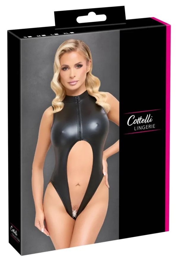 Cottelli LINGERIE Black Matte Crotchless Bodysuit with Front Zip S/M