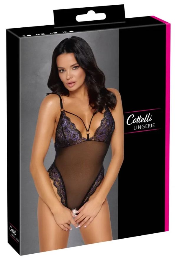 Cottelli LINGERIE Black Ouvert Bodysuit with Purple Lace & Strap Details S/M
