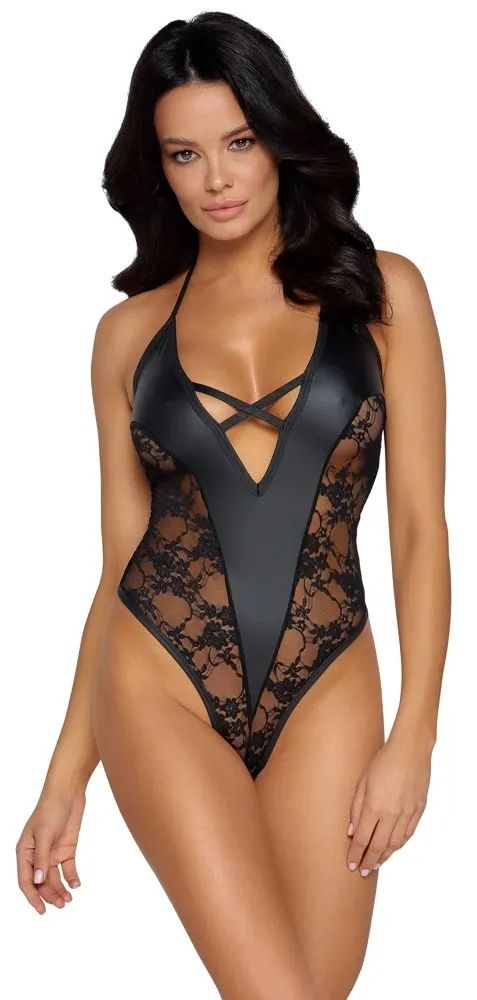Cottelli PARTY Черно Rio боди с матов ефект и дантелени вложки S/M