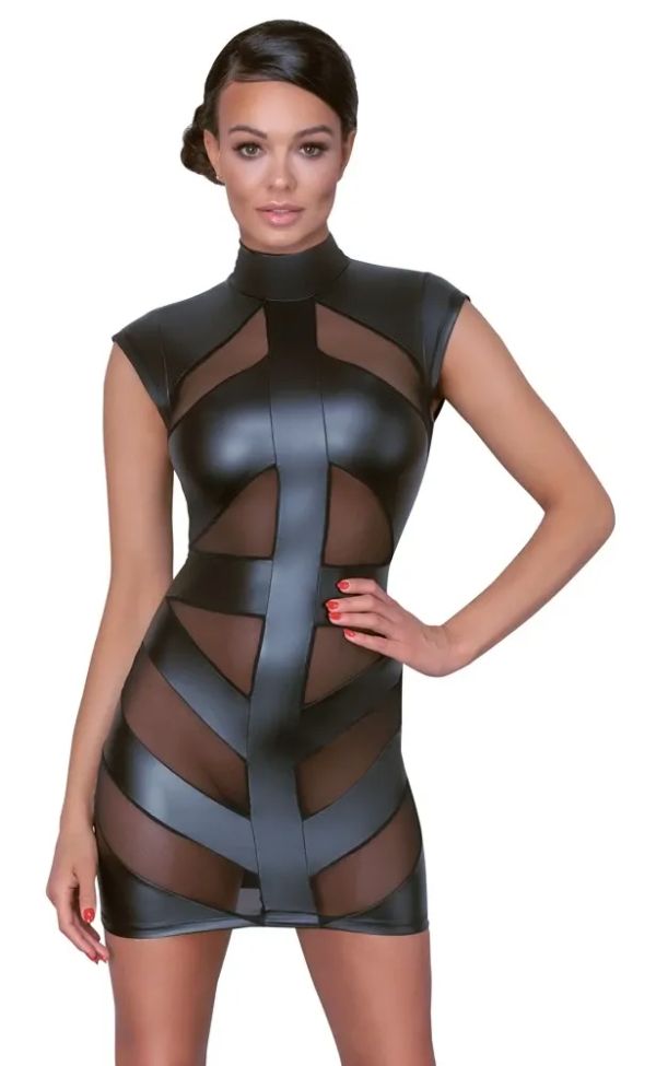 Cottelli PARTY Black Mini Dress with Powernet Inserts & High Collar S/M