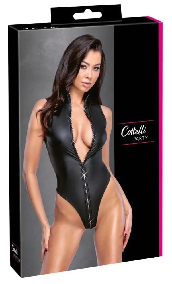 Cottelli PARTY Black Matte Rio Bodysuit with Rhinestone Zip S/M