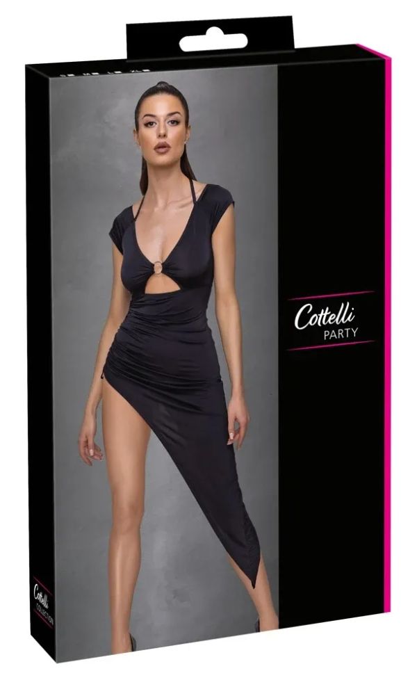 Cottelli PARTY Black Asymmetric Ruched Dress with Deep Neckline S/M