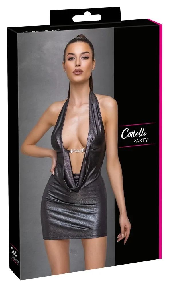 Cottelli PARTY Silver Mini Dress with Open Back & Rhinestone Clasp S/M