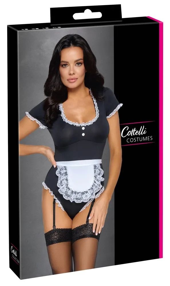 Cottelli COSTUMES Черен костюм на сервитьорка с боди, жартиери и престилка S/M