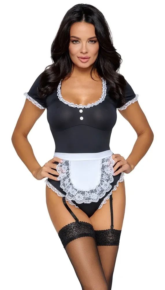 Cottelli COSTUMES Черен костюм на сервитьорка с боди, жартиери и престилка S/M