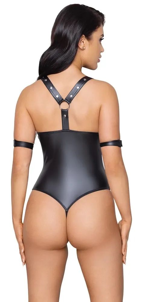 Cottelli BONDAGE Black Ouvert String Bodysuit with Rings & Restraint Cuffs S/M