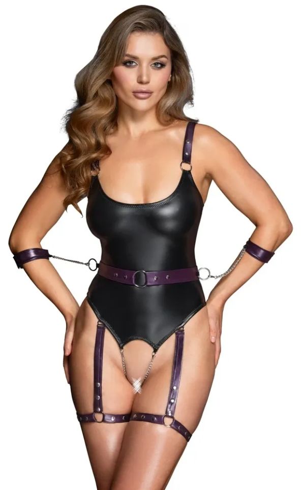 Cottelli BONDAGE Черно ouvert боди с бедрен харнес, вериги и маншети S/M