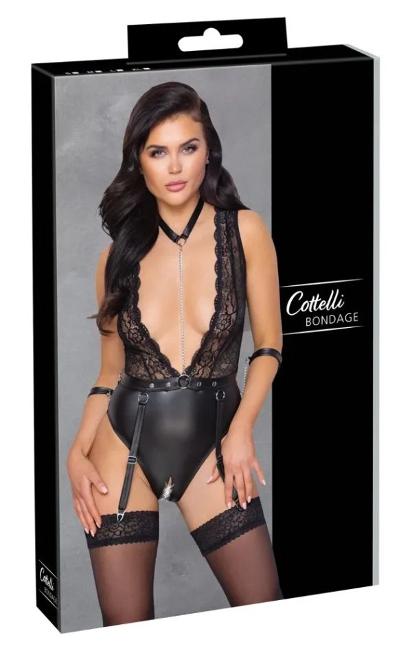 Cottelli BONDAGE Black Ouvert Bodysuit with Lace, Detachable Belt & Cuffs S/M