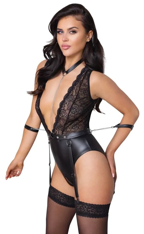 Cottelli BONDAGE Black Ouvert Bodysuit with Lace, Detachable Belt & Cuffs S/M