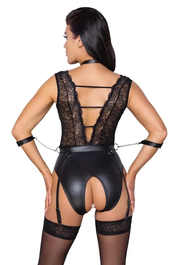 Cottelli BONDAGE Black Ouvert Bodysuit with Lace, Detachable Belt & Cuffs S/M