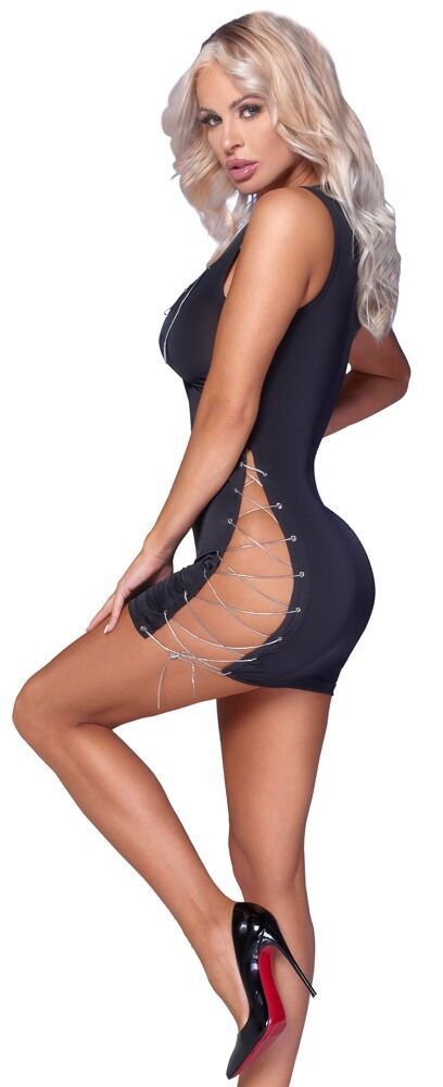 Cottelli PARTY Black Mini Dress with Silver-Coloured Lacing S/M