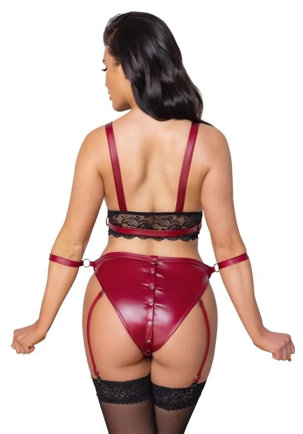 Cottelli BONDAGE Червено-черен комплект с бралет, жартиерен слип и фиксиращи ленти S/M