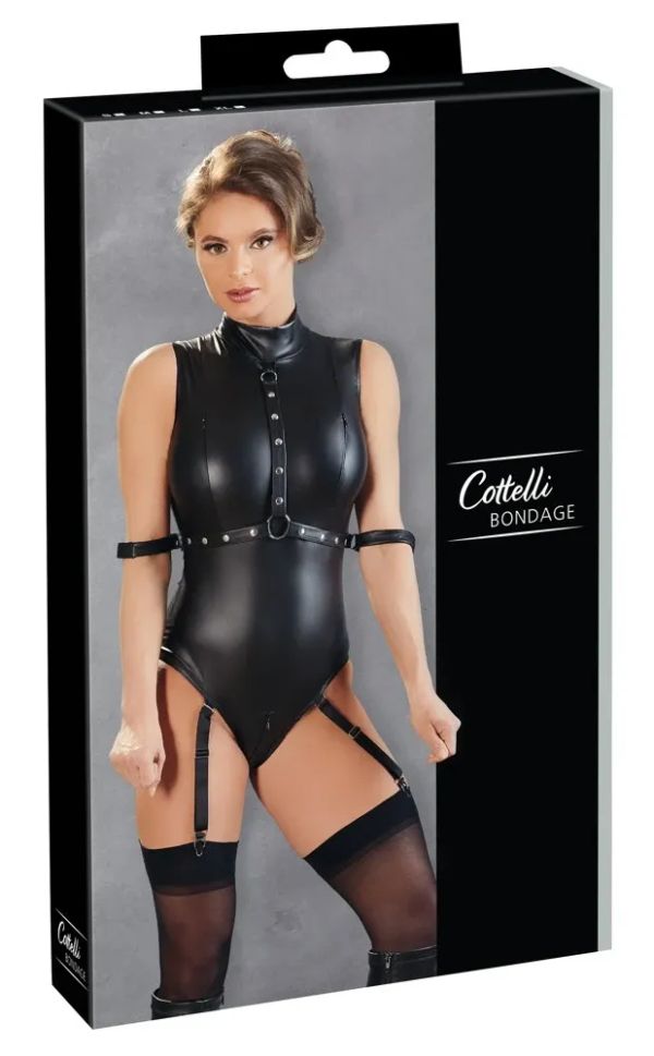 Cottelli BONDAGE Черно боди с жартиери, фиксиращи ленти и двупосочен цип S/M