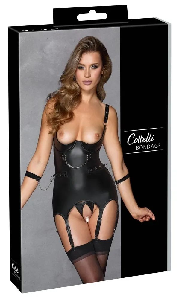 Cottelli BONDAGE Black Open-Bust Basque Set with Ouvert String & Soft Cuffs S/M