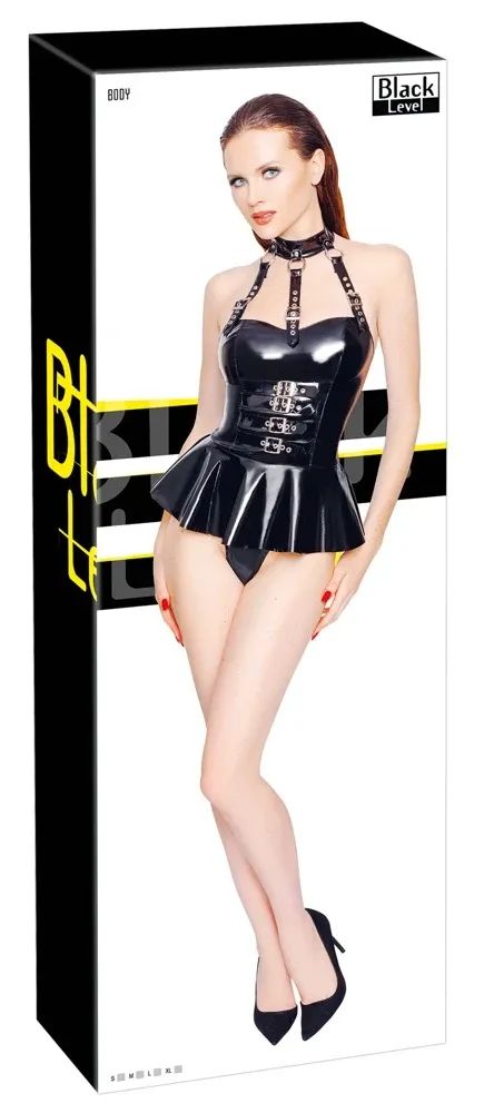 Black Level Black Patent String Bodysuit with Flared Skirt & Buckles S/M