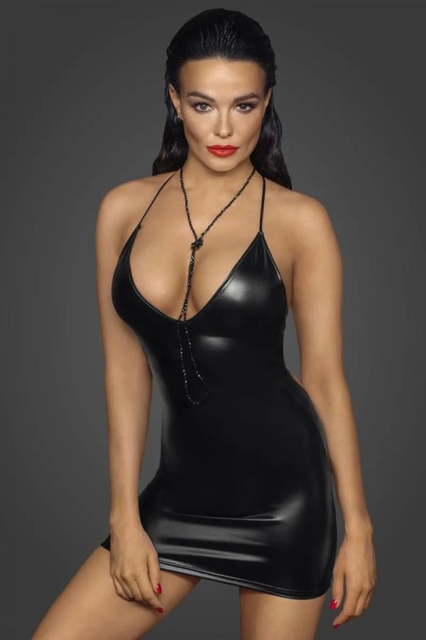 Noir Handmade F252 Black Powerwetlook Mini Dress with Open Back & Lacing S/M