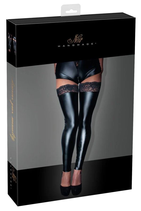 Noir Handmade Черни Powerwetlook чорапи без стъпало с дантела S/M