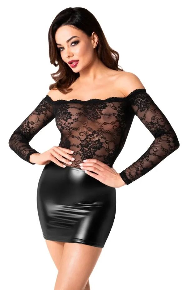 Noir Handmade Черна мини рокля с дантелен топ и Powerwetlook пола S/M