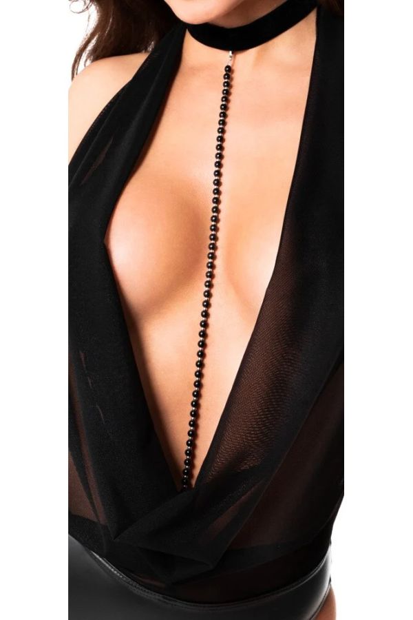 Noir Handmade Black Halterneck Bodysuit with Plunging Neckline & Removable Pearl Chain S/M
