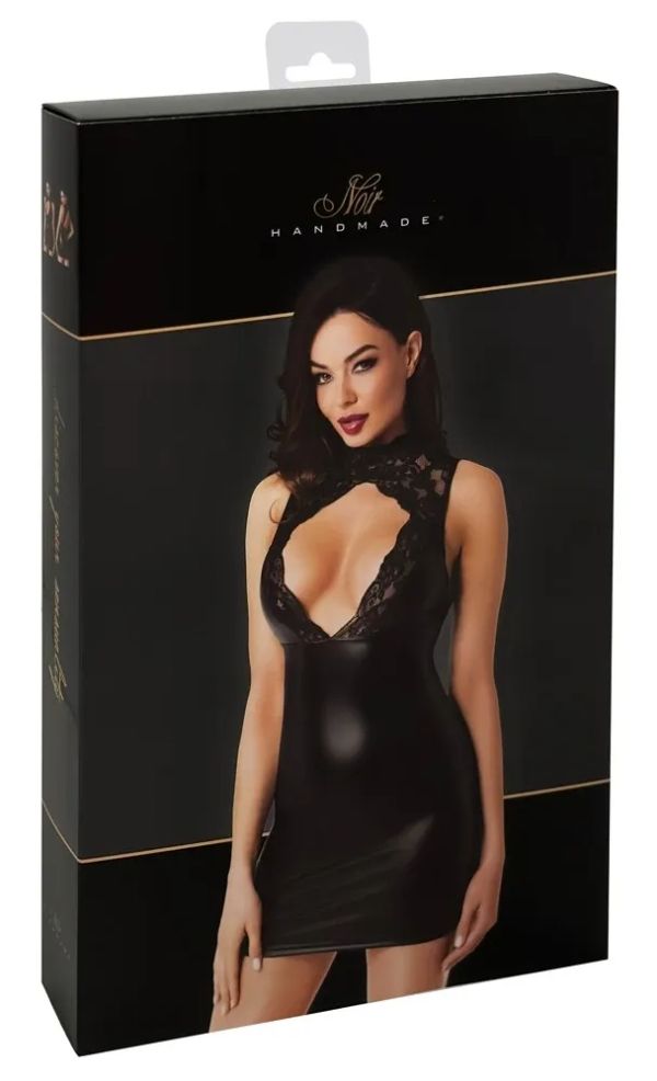 Noir Handmade Pandora Черна Powerwetlook мини рокля с дантела и Cut-out деколте S/M