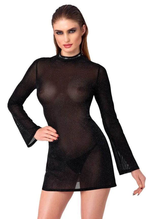 Noir Handmade Черна прозрачна мини рокля с блясък и ръкави тип камбана S/M