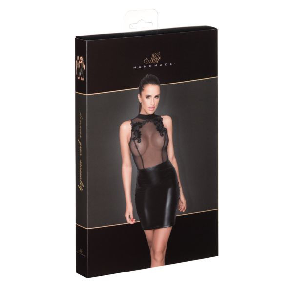 Noir Handmade Black Powerwetlook Mini Dress with Sheer Tulle & Embroidery S/M