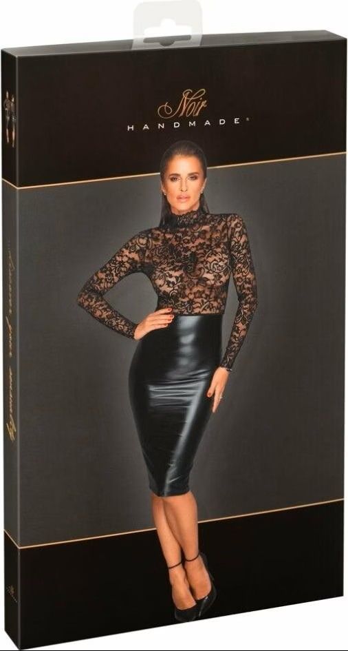 Noir Handmade Black Midi Dress with Lace Top & Powerwetlook Skirt S/M