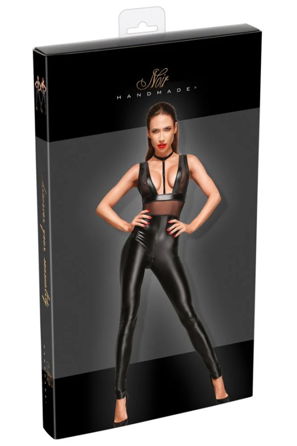 Noir Handmade Black Powerwetlook Jumpsuit with Sheer Inserts & Adjustable Strap S/M