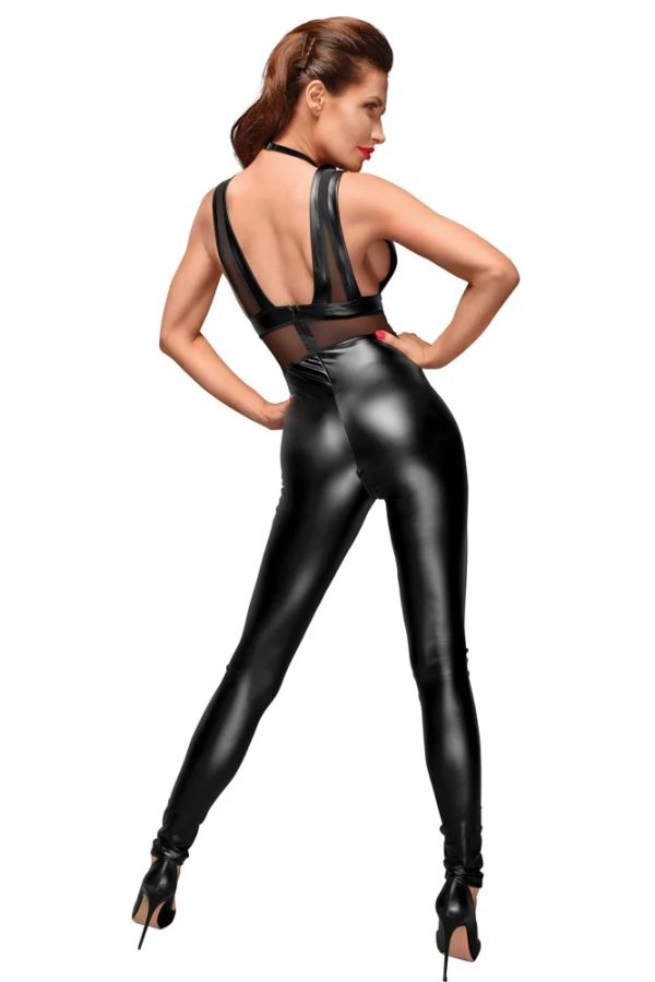 Noir Handmade Black Powerwetlook Jumpsuit with Sheer Inserts & Adjustable Strap S/M