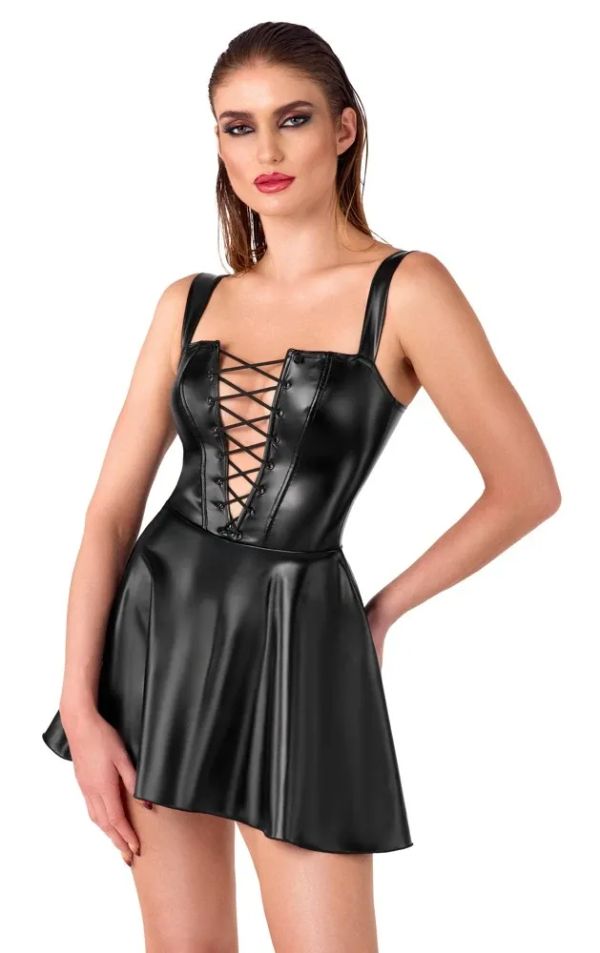 Noir Handmade Черна Powerwetlook мини рокля с връзки и разкроена пола S/M