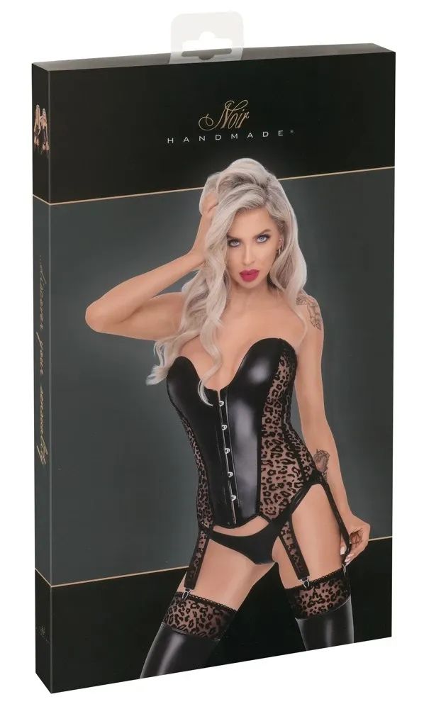 Noir Handmade Black Corset with Leopard Flock Print & Six Suspender Straps S/M