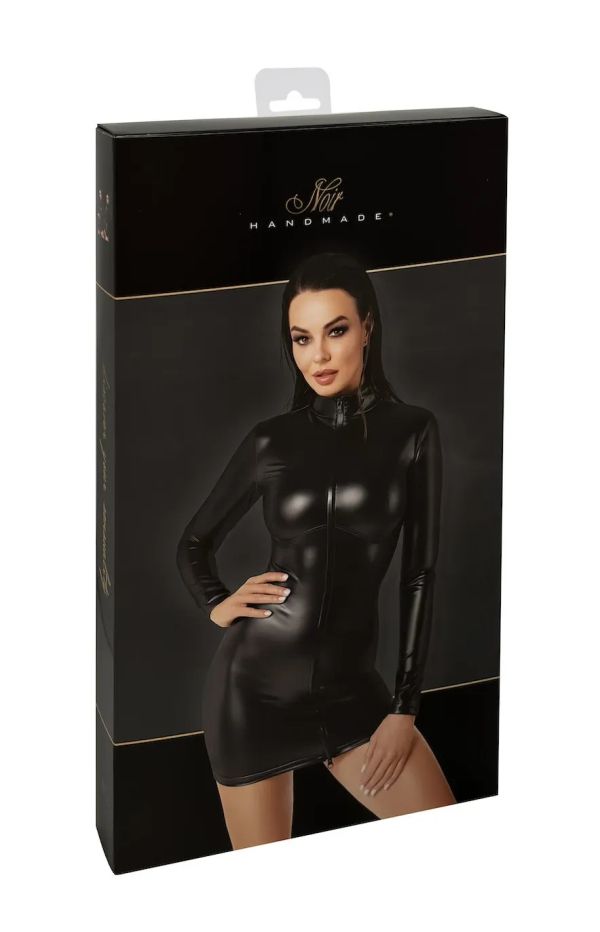Noir Handmade Chimera Черна Powerwetlook мини рокля с преден цип S/M