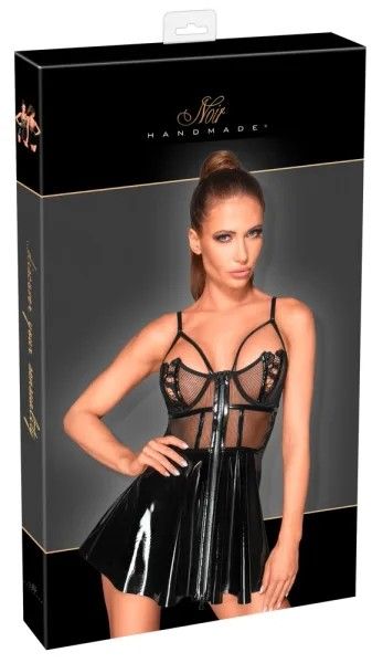 Noir Handmade Black Vinyl Mini Dress with Sheer Corset & Flared Skirt S/M