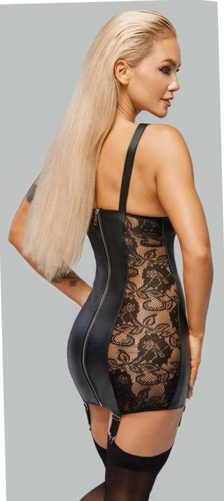 ZADO Black Leather Open-Bust Mini Dress with Detachable Suspenders S/M
