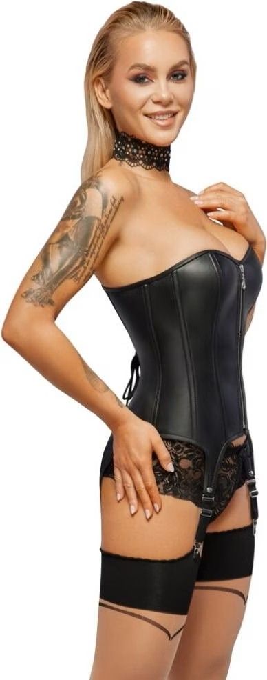 ZADO Black Lamb Leather Suspender Corset with Front Zip S/M