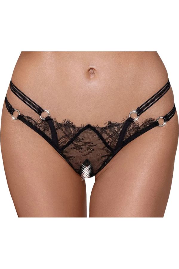 Cottelli Lingerie Black Lace Open-Crotch Thong with Rhinestone Rings S/M