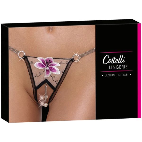 Cottelli Lingerie Luxury Edition черни прашки с отворено дъно, бродирана лилия и перли S/M