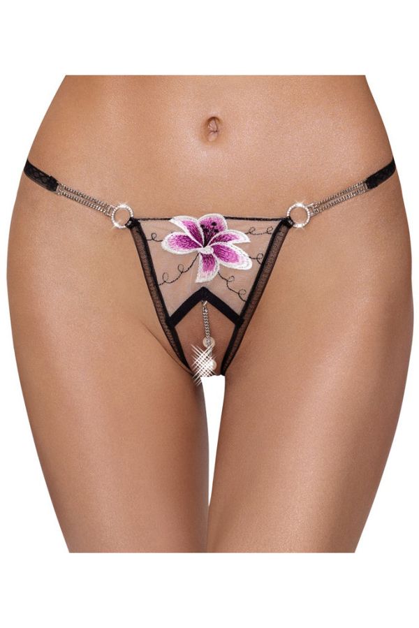 Cottelli Lingerie Luxury Edition черни прашки с отворено дъно, бродирана лилия и перли S/M