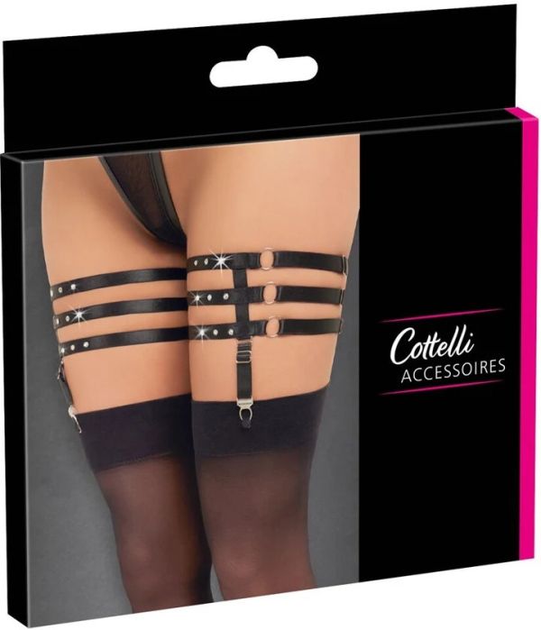 Cottelli Accessories черни жартиери за бедра с 3 ленти и кристали S/M